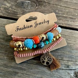 NWT: Bohemian, Beaded, Earth Tone, Bracelet Set w/ Tassel and Tree of Life Charm